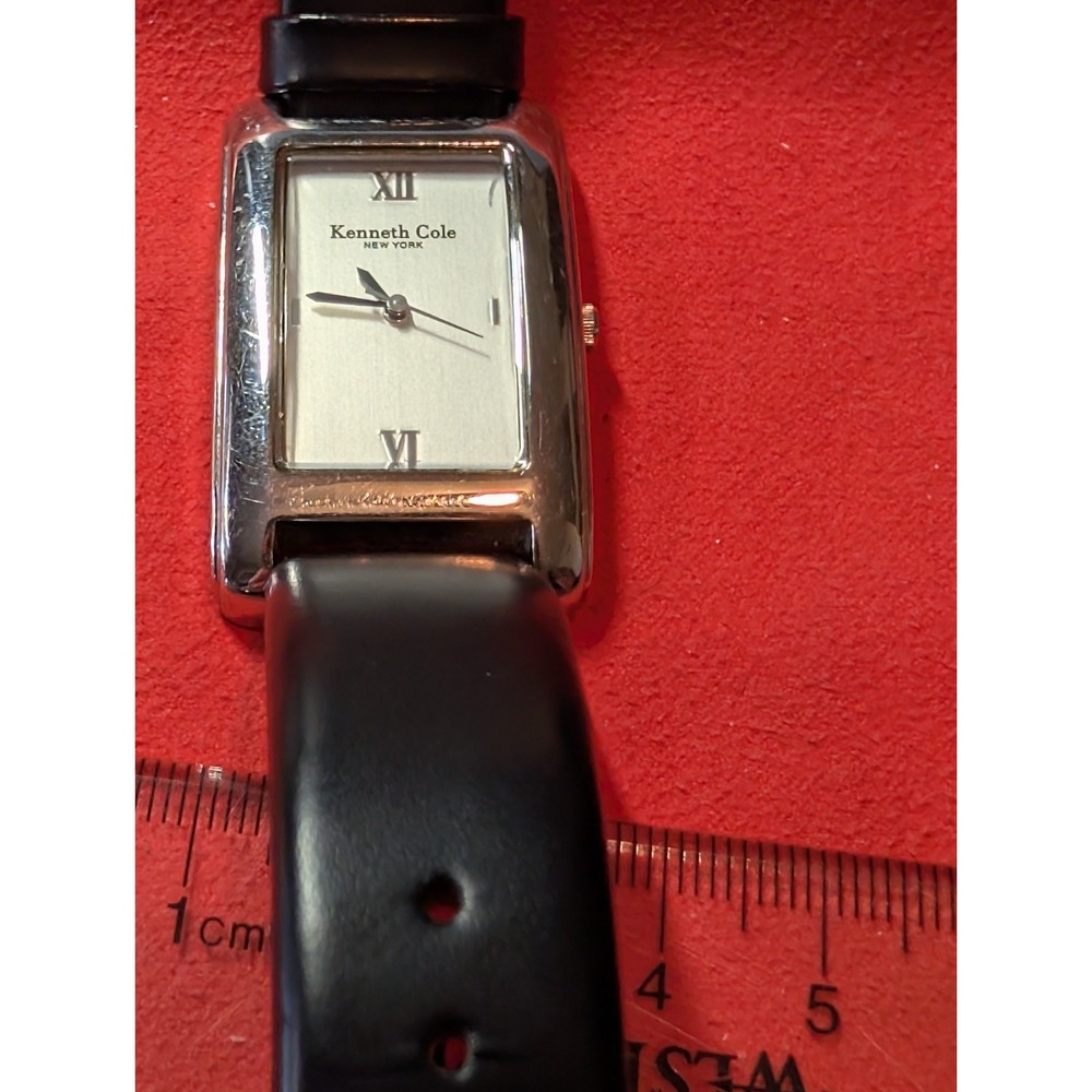 Kenneth Cole Tank Watch Women 25mm Silver Tone Black Leather Band New Battery